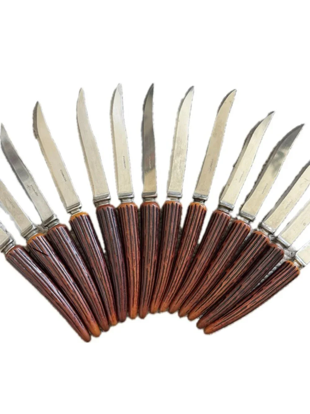 Set of 14 Steak Knives Vintage Stainless Steel Faux Antler Wood Grain Handle